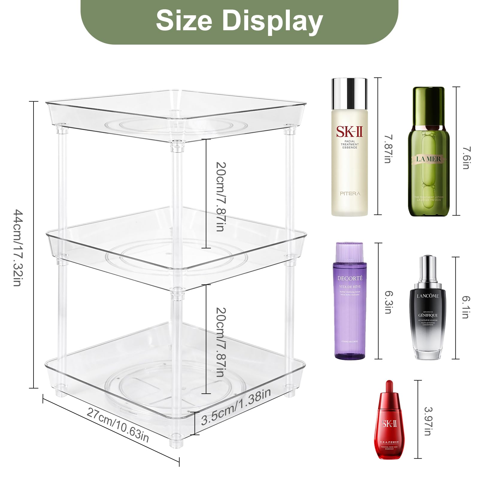 LLGWGL Kitchen Bathroom-Organizers Storage Square-Lazy-Susan - 3-Tier Spice Rack Organizer Perfume Skincare Seasoning Organizer for Pantry Cabinet Countertop Vanity Fridge