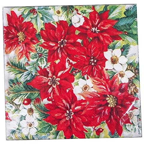 AVEVER 20-ct 3-ply Poinsettia Napkins Christmas Paper Cocktail for Decoupage Dinner Disposable, red green white, 6.5 x 6.5 x 1 inch Cover