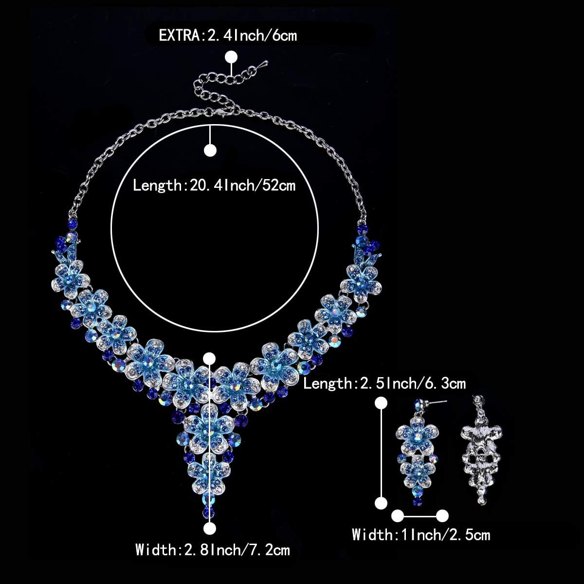 BriLove Wedding Bridal Jewelry Set Crystal Multi Hibiscus Flower Enamel Statement Neckalce Dangle Earrings Royal Blue Sapphire Color Silver-Tone - Image 4