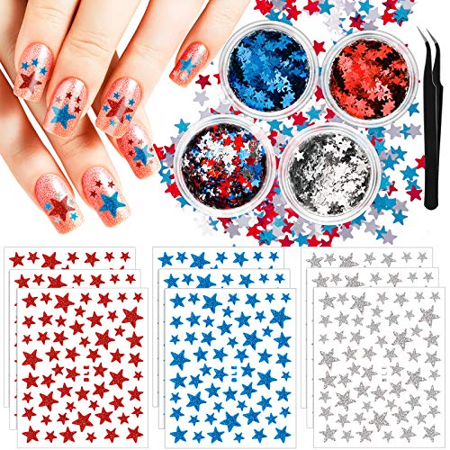 9 Sheet Star Nail Art Stickers Decals Adhesive Star Nail Glitter Sequins Holographic Nail Confetti Red Silver Blue Laser Nail Art Flakes With Tweezers #TOP22