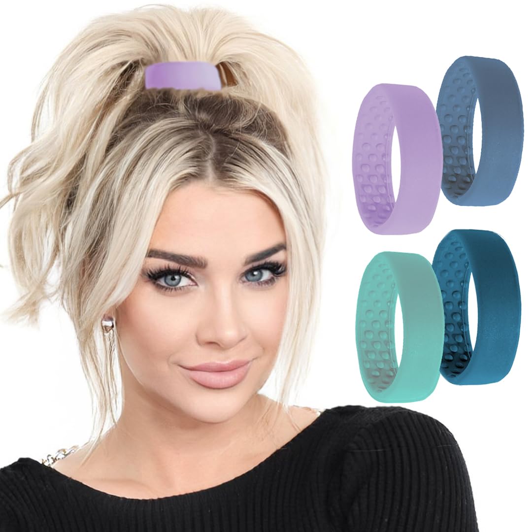 4 pc Medium PONY-O - Bendable No Damage Hair Ties & Volumizing Ponytail Holders, Comfortable & Non-Damaging (Sapphire, Teal, Denim and Lilac)