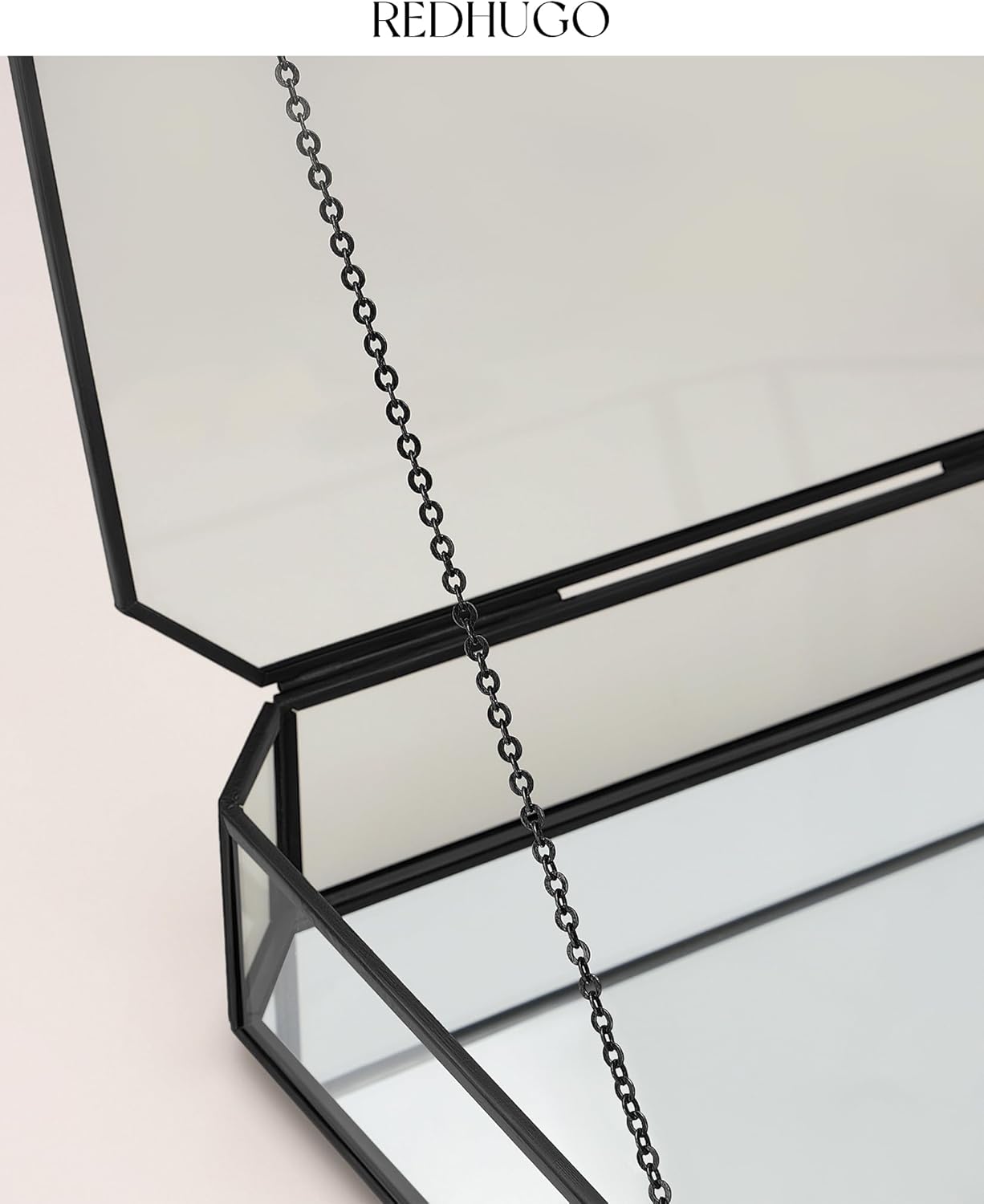 REDHUGO Large Glass Boxes for Display Handmade, Mirrored Bottom, Glass Jewelry Box with Lid, Trinket Box Book Photo Keepsake Organizer, Display Case for Vanity Decor Home Dresser, Octagon, Black