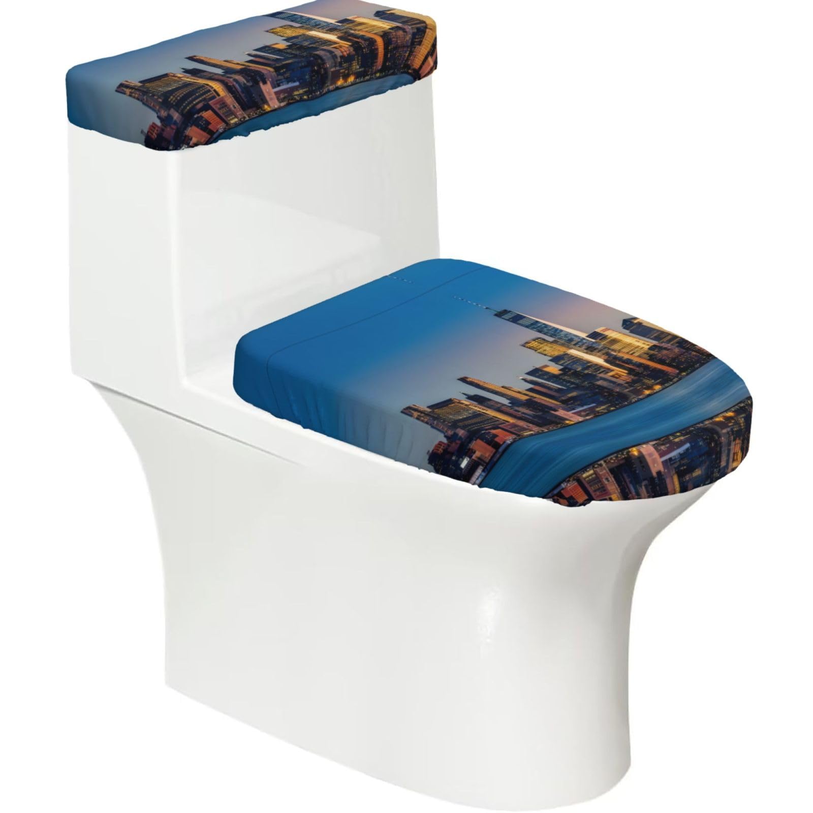 Wzycwb Black Beautiful City Sky Line 2-Piece Toilet Seat Cover Set With Tank Lid, Elastic Fit For U-Shape & Elongated Toilets, Bathroom Decor, Housewarming Gift