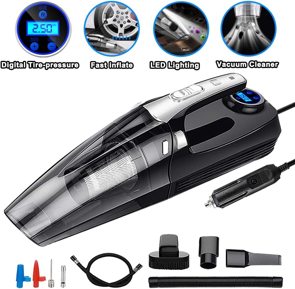 4-in-1 Car Portable Wet/Dry Auto Vacuum Cleaner 12V 120W 4000mPA with Smart Digital Tire Inflator Pump Pressure Gauge LED Light