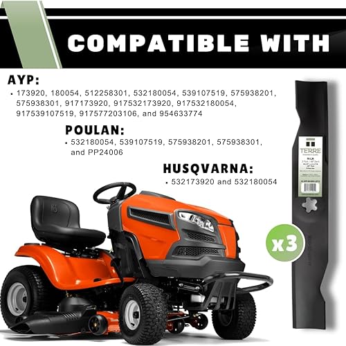 Miniatura 4 de Terre Products, paquete de 3 cuchillas para cortacésped de alta elevación, cubierta de 48 pulgadas, compatible con Poulan, Craftsman, Husqvarna