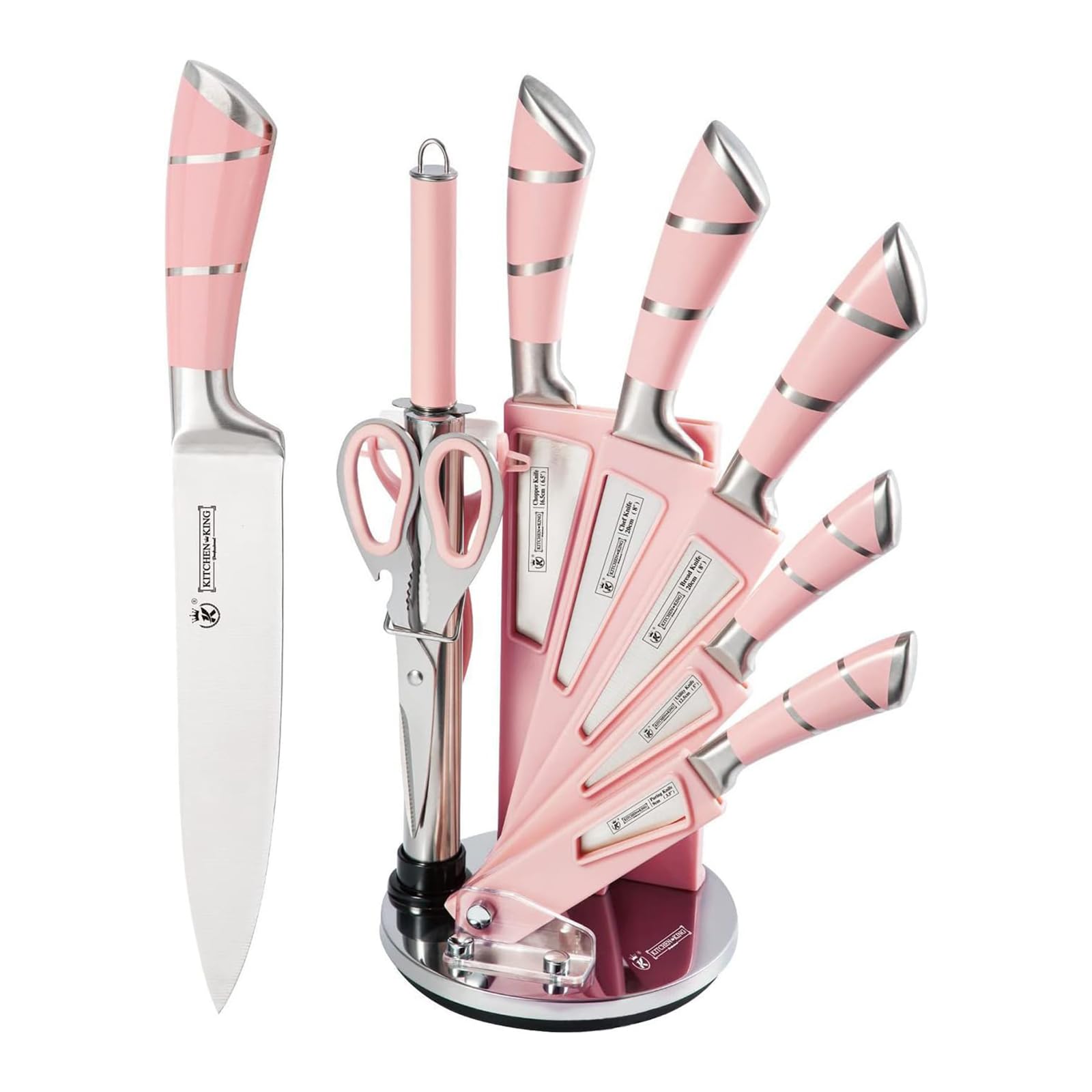 BVI BOOMERVIVI Couteaux de Cuisine, Set de 9 Couteaux de Chef Pointus Professionnels Rose, Ensemble de Porte - Couteaux à Poignée Creuse Rayée, Idéal pour Envoyer Famille et Amis (Rose)
