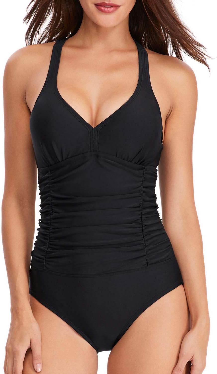 One Piece Swimsuit Women Tummy Control Cross Back Bathing Suit V Neck Adjustable Straps Ruched Swimwear