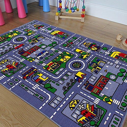 Kids / Baby Room / Daycare / Classroom / Playroom Area Rug. City. Roads. Map. Train Tracks. Cars. Play Mat. Fun. Educational. Non-Slip Gel Back. Bright Colorful Vibrant Colors (3 Feet X 5 Feet)