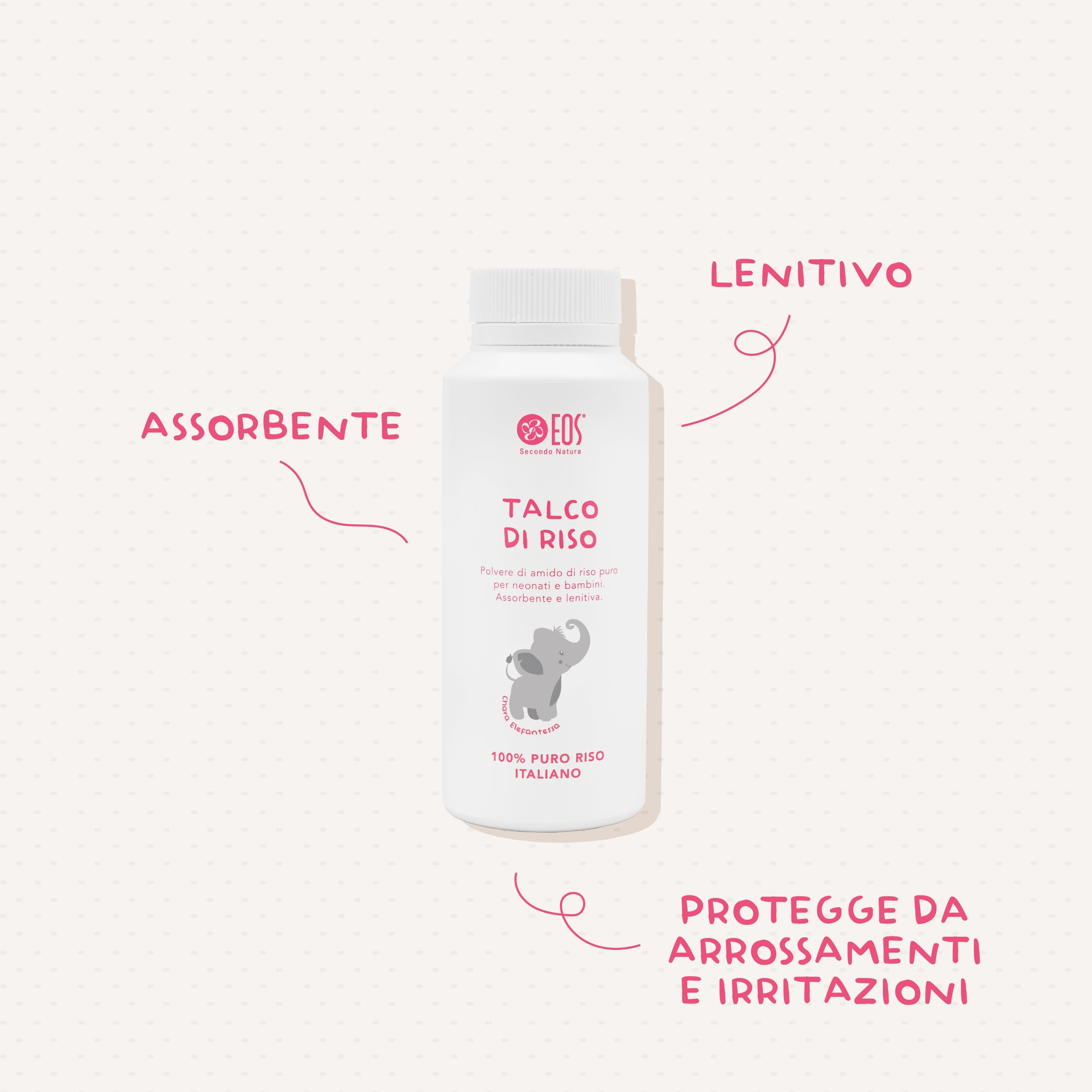 EOS NATURA Talco di Riso - Polvere di Amido di Riso Puro per Neonati e Bambini – Assorbente, Lenitiva – 100% Italiano - Il Mondo di Babu – 100 g
