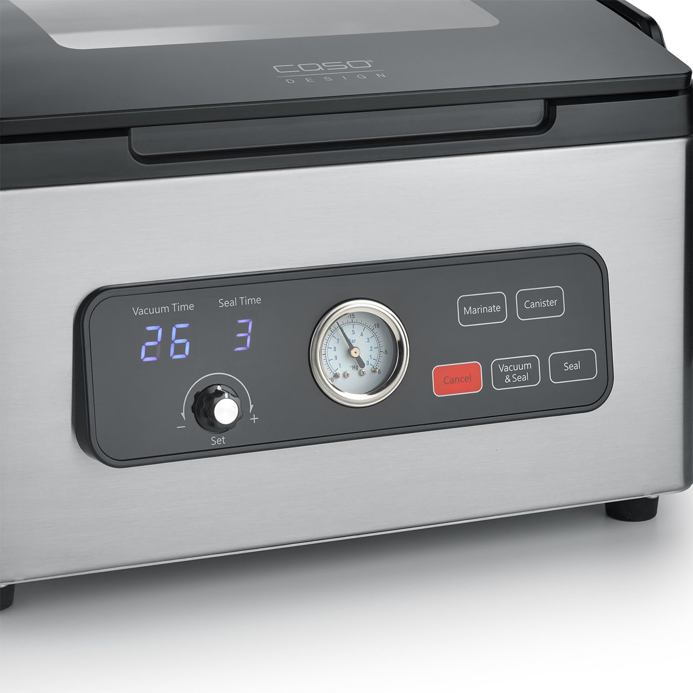 CASO VacuChef 700 - Sellador al vacío de cámara de acero inoxidable de 8 litros, fuerte bomba de vacío profesional de 70 litros/minuto, tapa de vidrio templado, para alimentos