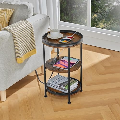 Miniatura 2 de Dulcii Mesa auxiliar redonda con estación de carga, mesa auxiliar con 3 estantes para sala de estar, mesita de noche de dormitorio para espacios