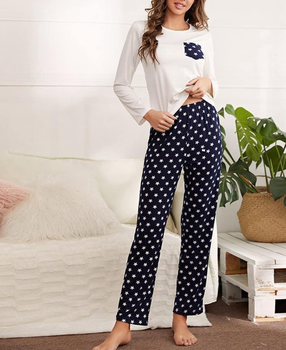 Pijamas Para Mujer Conjunto De Pijama De Poliéster Con Estampado De Estrellas Gris Oscuro Y Cuello Redondo Conjunto De Pijama De Manga Larga Cómodo Para Mujer Conjunto De Dos Piezas Regalo De Fest