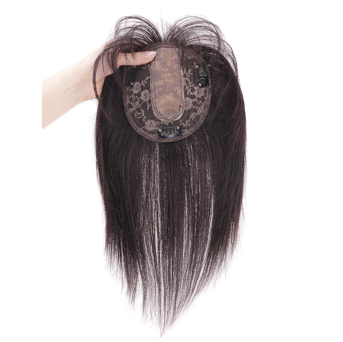Haarteile aus natürlicher Seide mit Pony, Clip, 12,7 x 12,7 cm, 25,4 cm, Dunkelbraun