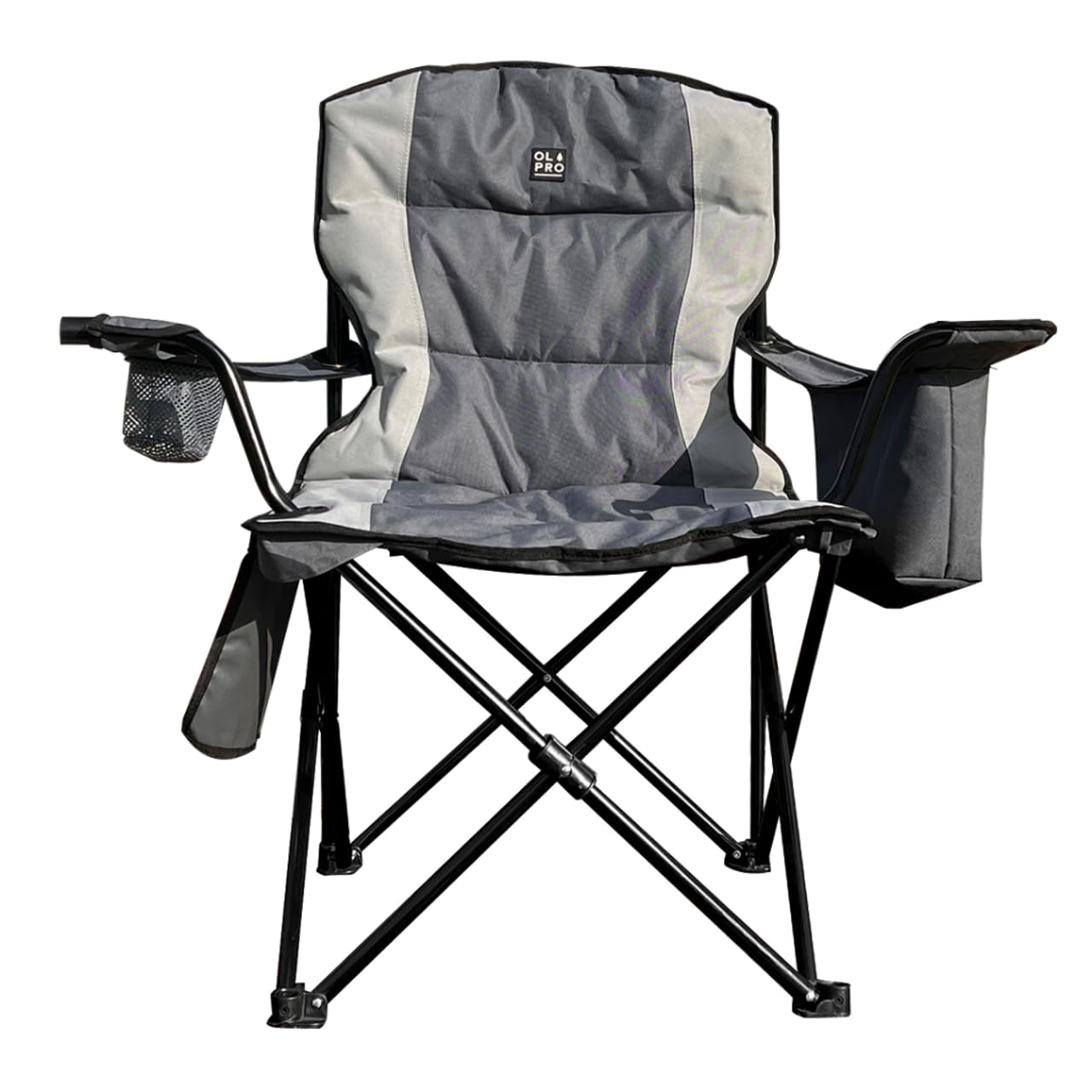 OLPROHenwick Heavy Duty Padded Folding Camping Chair for Adults – Comfortable & Foldable Outdoor Chair with Cooler Bag, Wine Glass & Cup Holder – Ideal for Camping, Garden, Picnic & Festivals (Grey)
