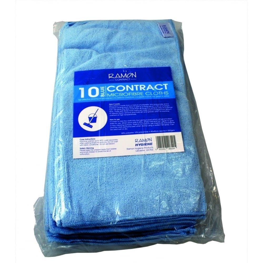 Ramon Hygiene Contract 10 Microfibre Cleaning Cloths, 40x40cm, Janitorial, Bars, Pubs, Kitchens, Bathrooms, Blue