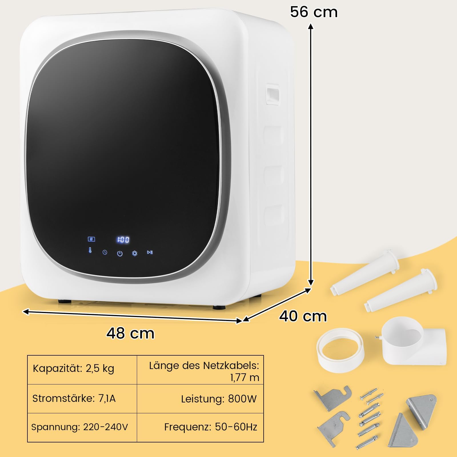 RELAX4LIFE Wäschetrockner Klein mit 4 Temperaturen & 6 Timer, Mini Trockner mit LED-Touchscreen, Ablufttrockner mit Desinfektion, Desodorierung, Überhitzungsschutz, Mehrfachfiltration, 4kg, 800W