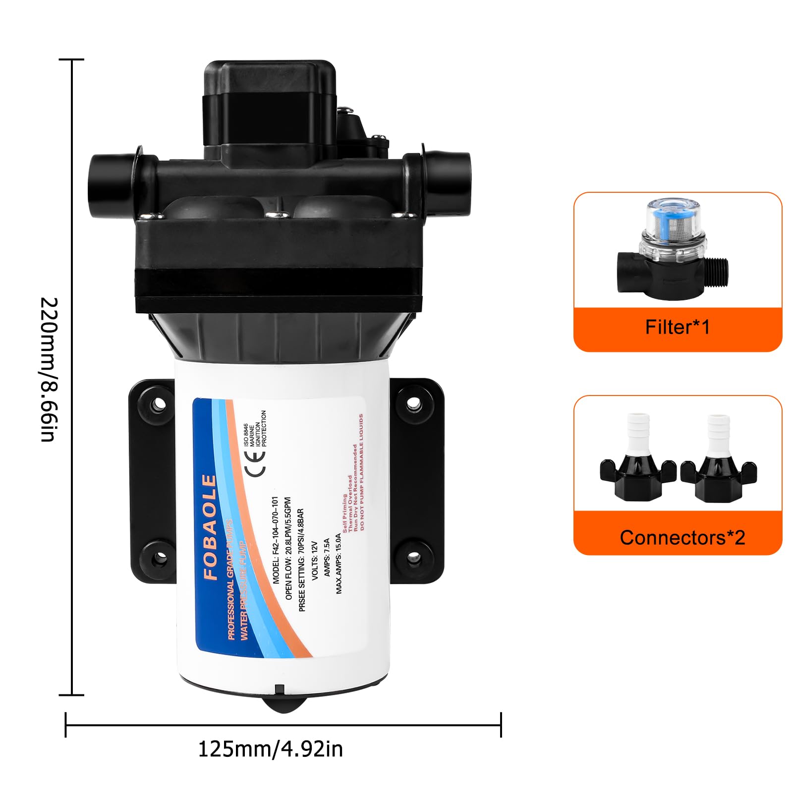 Autocebante de Diafragma, 12V Bomba de Agua y Bombas de Diafragma Neumática, DC 70PSI 5.5GPM Bomba Industrial Autocebante de Presión de Agua, Bombas de Agua para Vehículos RV y Autocaravana