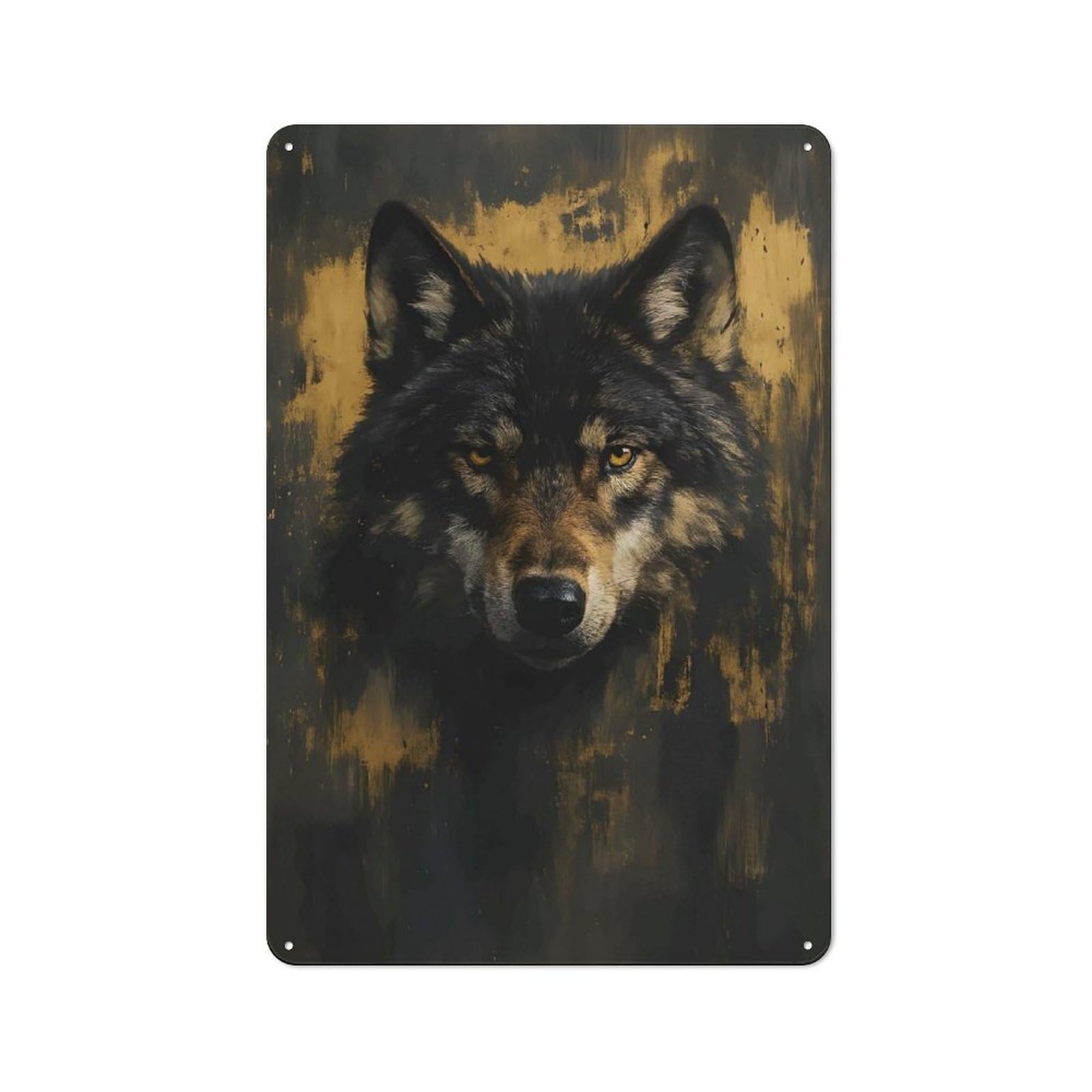 Junmoney Style-1 Metal Wall Sign 30X20cm Featuring Wolf Portrait With Golden Accents For Hallway Wall, For Hallway Decor Lovers, For Retro Home Interiors
