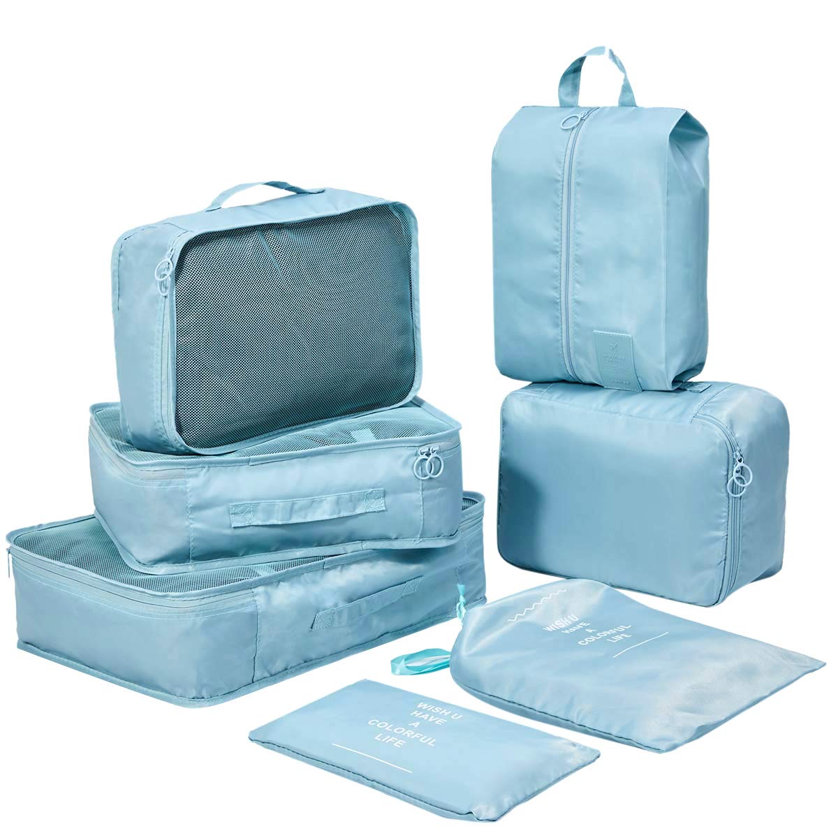 7 PCS Packing Cubes Value Set for Travel Luggage Organiser Bag Storage Bags, Travel Essential Bags-in-Bag, Compression Pouches Clothes Suitcase with Shoe Bag, Blue