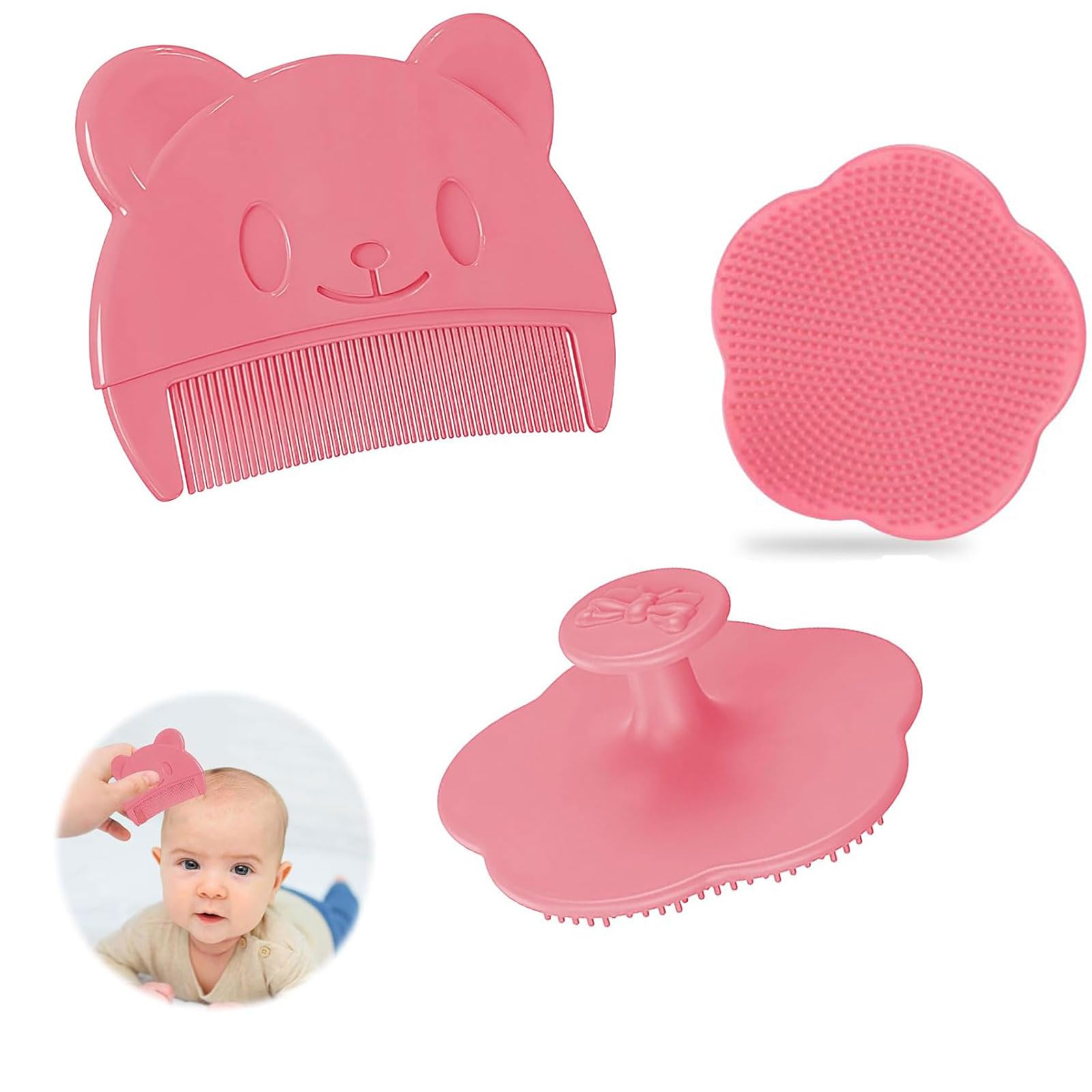 2 Stück milchschorf kamm Milchschorf Baby Entfernen Bürste Schorfkamm Baby Plastik baby kamm milchschorf Silikon Kopfhaut Massagebürste Baby Haarkamm Für Baby Geeignet Für Neugeborene Baby (Rosa)
