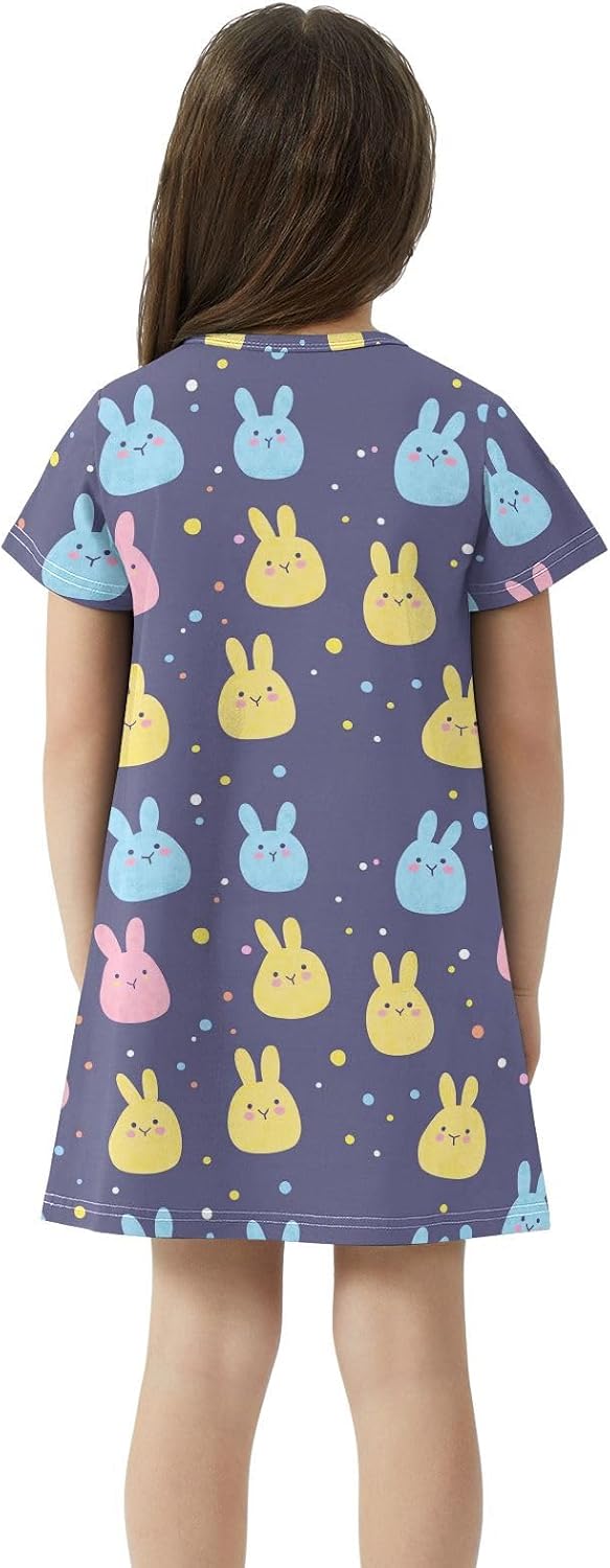 Colorful Rabbit Girls Dresses Summer Dresses for Girls with Cotton Short Sleeves for Casual a Line Dress Size 2-8Y