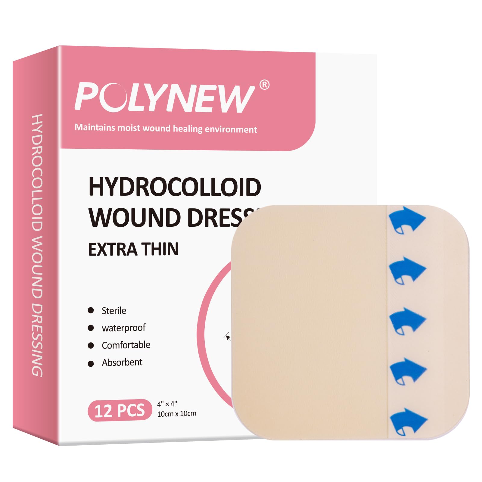 4" x 4"-12 Pack Extra Thin Hydrocolloid Dressing for Light Exudate, Hydrocolloid Patches Waterproof Wound Dressing, Adhesive Hydrocolloid Bandages, for Pressure Ulcer, Bed Sore