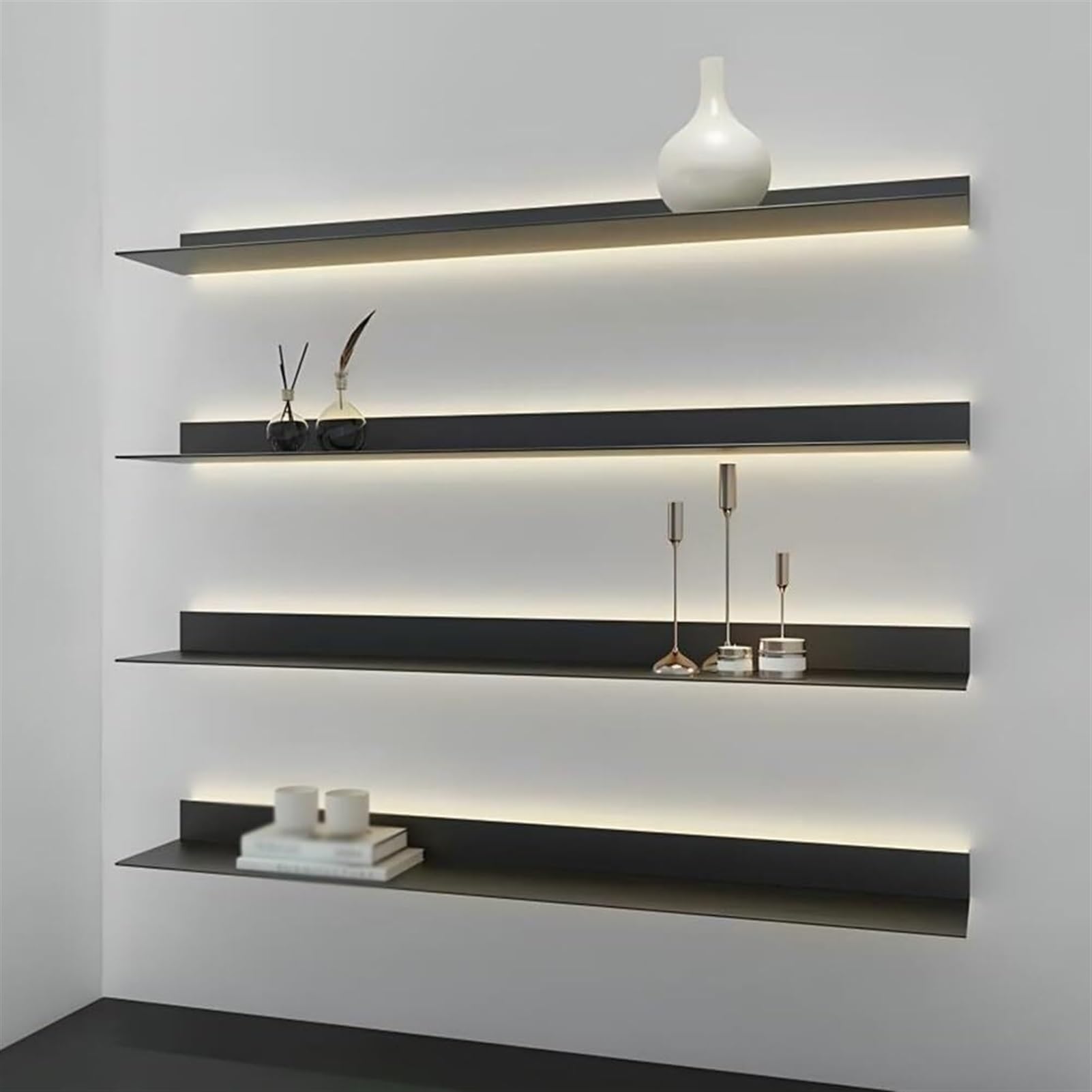 TYUHDUYUR 1pcs Floating Wall Shelves with LED Light, Wall Mounted Iron Plant Shelf or Bookshelf, Storage Light-Emitting Shelves, for Bedroom Living Room (Black 80x20x6cm) (Black 150x20x6cm)