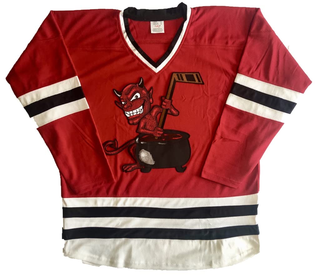 Devil with Cauldron Hockey Jerseys - Pro Jerseys; We Add Your Name and Number (Red, Adult Medium)