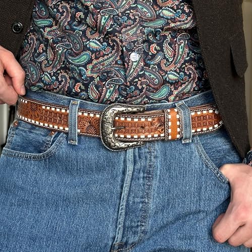 DANIEL'S ARTPLANET Western Leather Belt for Men Full Grain Leather Cowboy Belt with Buckle Engraved Tooled 1.5” Wide Handmade4