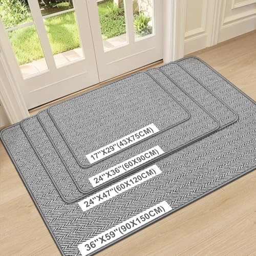 BEISIFLOOR 超薄型ドアマット 屋内エントランス 43.2 cmx73.7 cm、ロープロファイル屋内ドアマット、ノンスリップエントリーマットラバーバッキングユニークなヘリンボーンデザイン内側ドアマットダートトラッパー玄関マット、グレー