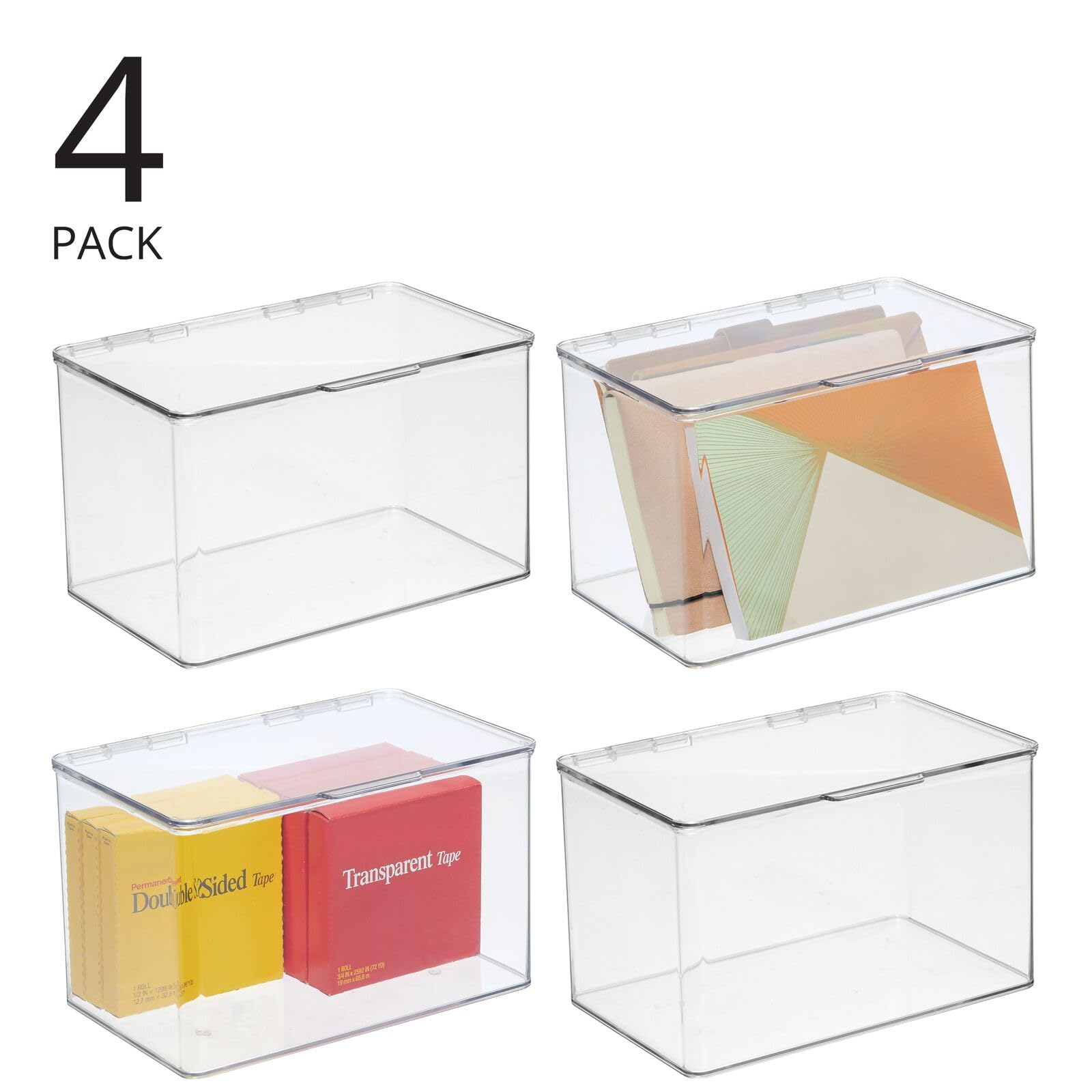 mDesign Set da 4 organizer ufficio – Pratico organizer scrivania per accessori, penne, cancelleria – Contenitore ufficio impilabile con coperchio – trasparente