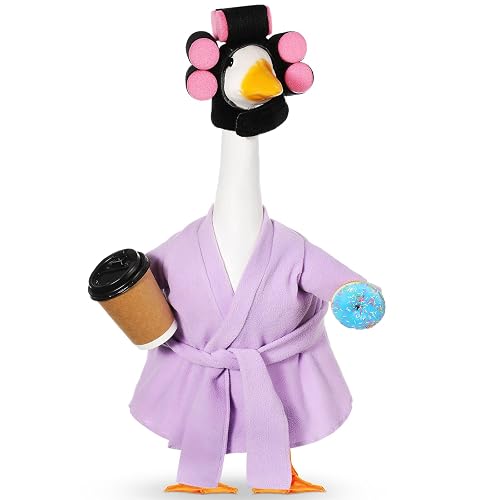 Shyyween 23 Inch Porch Goose Summer Outfit Light Purple Goose Bathrobe Statue Clothes Coffee Cup Curlers for Cement Plastic Lawn Geese Outdoor Garden Yard Patio Decoration