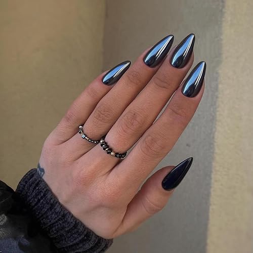 Mirror Metal Black Almond Shaped Chrome Glazed Medium Almond Nails
