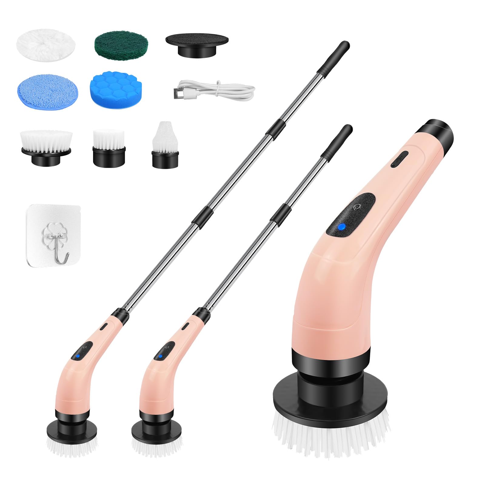 Cordless Cleaning Brush, Electric Spin Scrubber with 1500mAh Battery, 2 Speeds & 350RPM Electric Spin Scrubber, 7 Replaceable Cleaning Heads with Detachable Handle for Kitchen & Home Cleaning,Pink