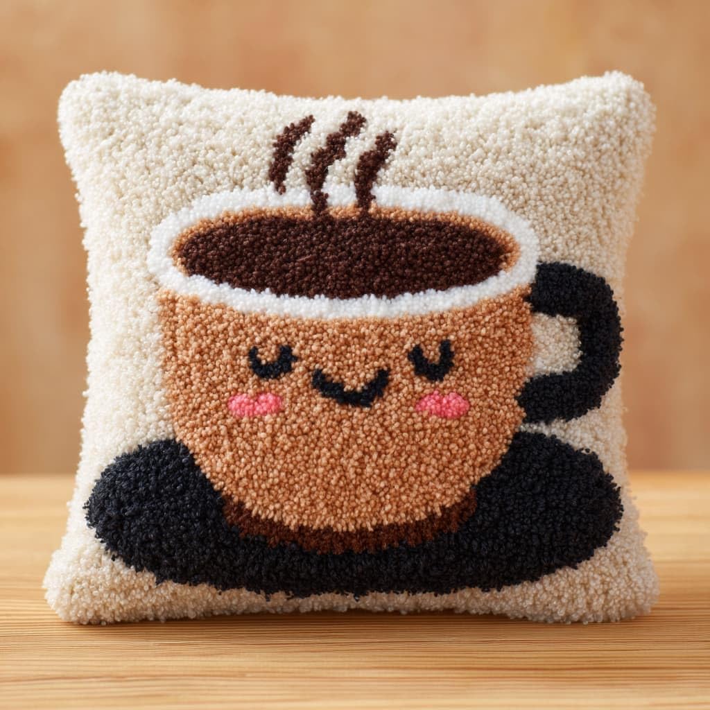 Taxpy DIY Latch Hooking Pillow Kits, Cartoon Teacup Pillow Cover Preprinted Throw Pillow Needlework Crochet Yarns Latch Hook Cushion Making17x17inch