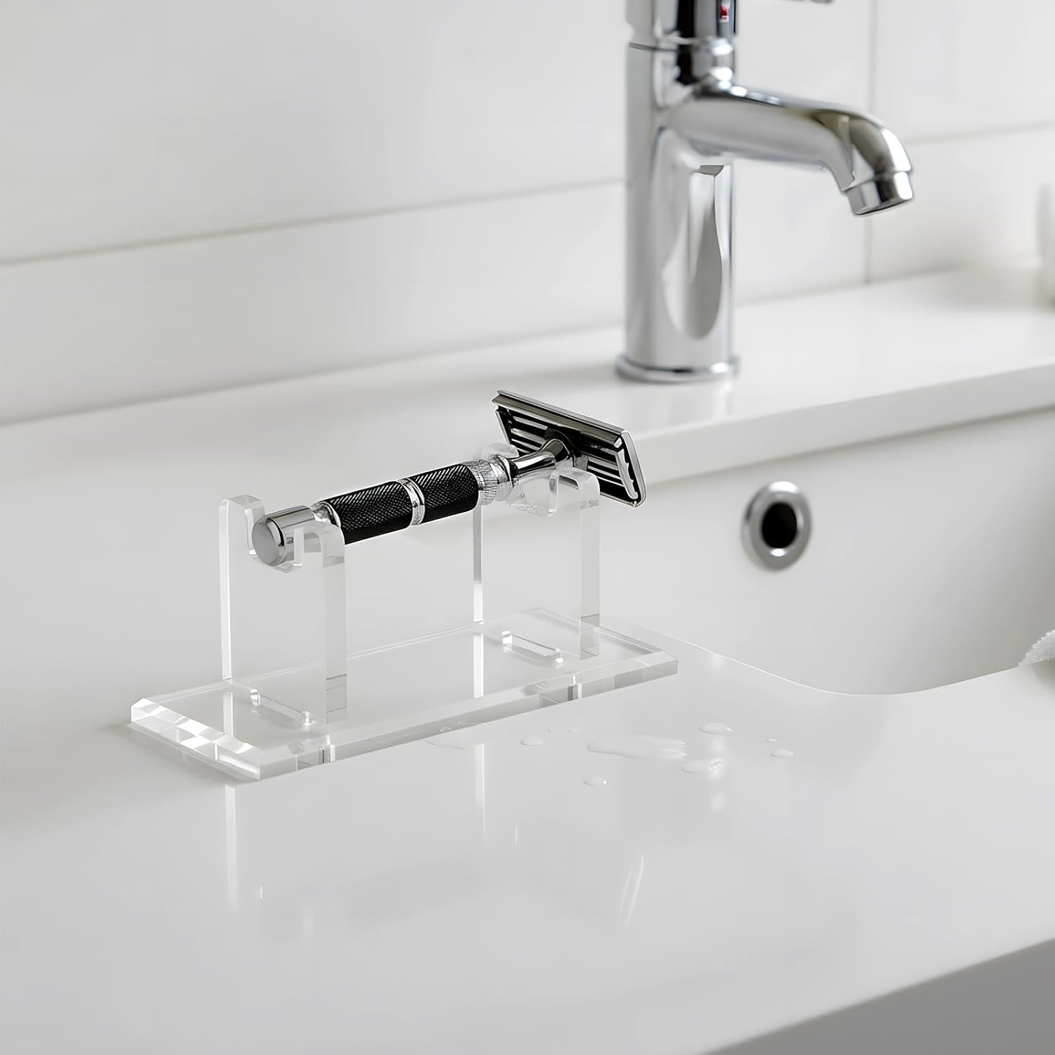 2 Pcs Acrylic Men's Razor Stand Holder Safety Razor Stand Stable Storage Bracket Shaving Brush Stands Bathroom Compatible with MK23C, Clear
