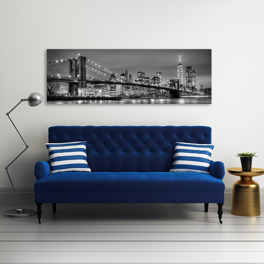 Feeby Bilder Brooklyn Bridge New York XXL 150x50cm 1 Teilig Wohnzimmer Schlafzimmer Büro Flur Küche Wandbilder Modern Wanddekoration Kunstdruck Design Gebäude Architektur Schwarz und Weiß