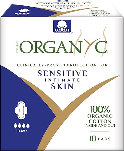Organyc 100% algodón orgánico certificado por dentro y por fuera almohadillas femeninas, servilleta sanitaria, flujo pesado, 10 unidades