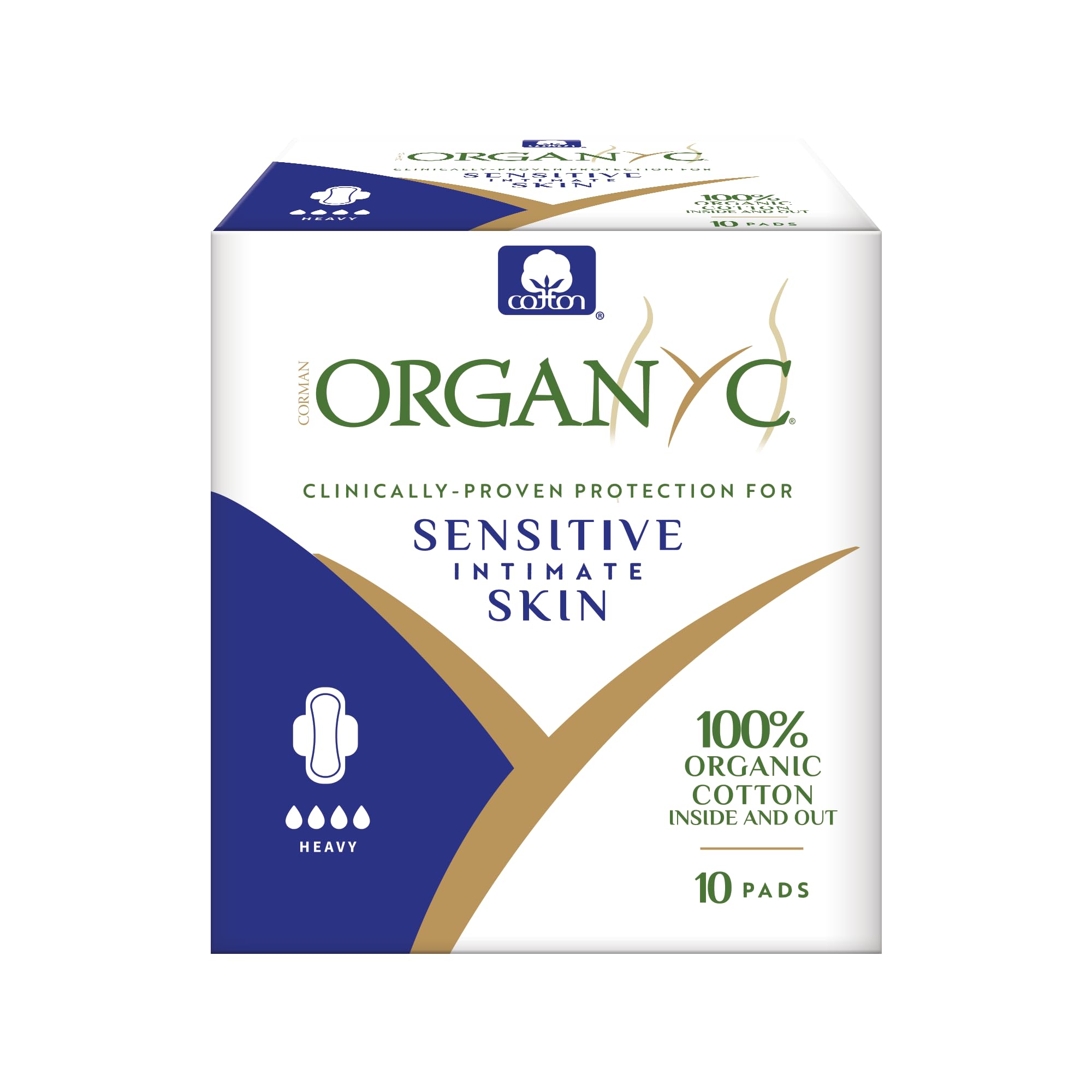 Organyc100% Certified Organic Cotton Inside and Out Feminine Pads, Sanitary Napkin, Heavy Flow, 10 Count