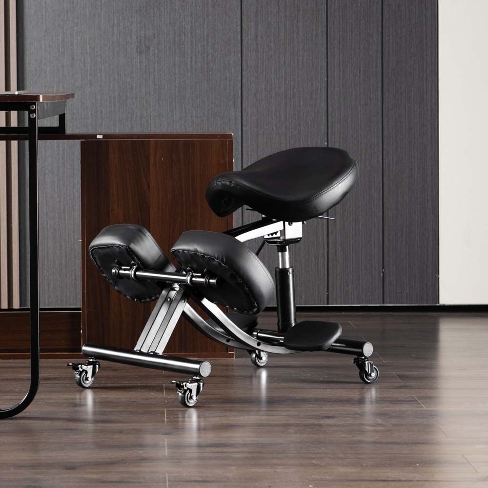 Ergonomischer Kniestuhl, Sattelhocker für Zuhause und Büro mit abgewinkeltem Sitz zur Verbesserung Ihrer Körperhaltung, verstellbare Fußstütze, Schwarz