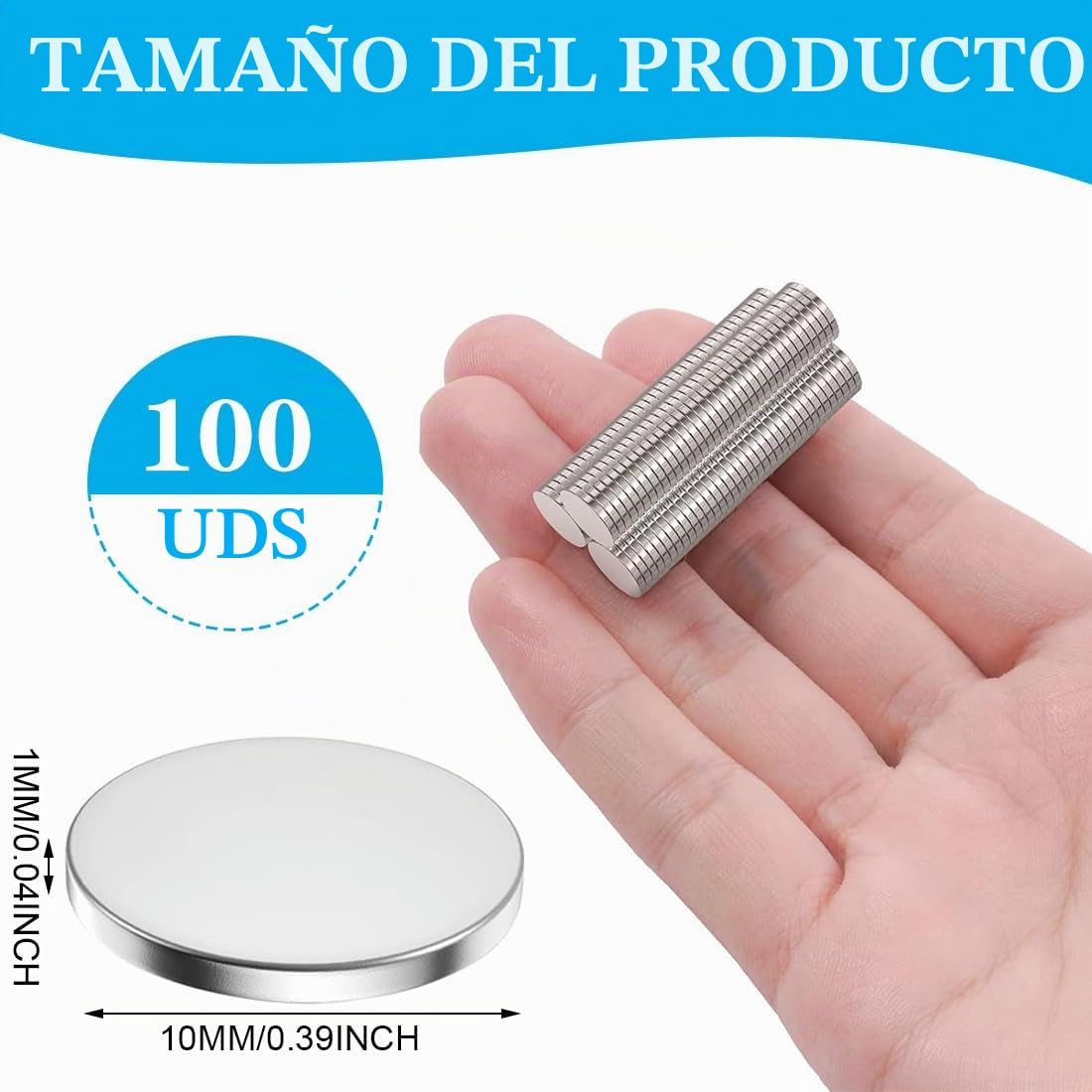 Imanes fuertes de neodimio, extrafuertes, 10 mm x 1 mm, 100 unidades, redondos, pequeños, autoadhesivos, fuertes, para frigorífico, pizarra blanca