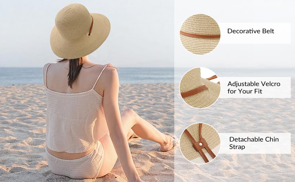 Image of Beach Hat for Women, Wide Brim Sun Straw Hats for Women, Sun Hat Womens UPF 50+ UV Protection, Floppy Foldable Summer Hats