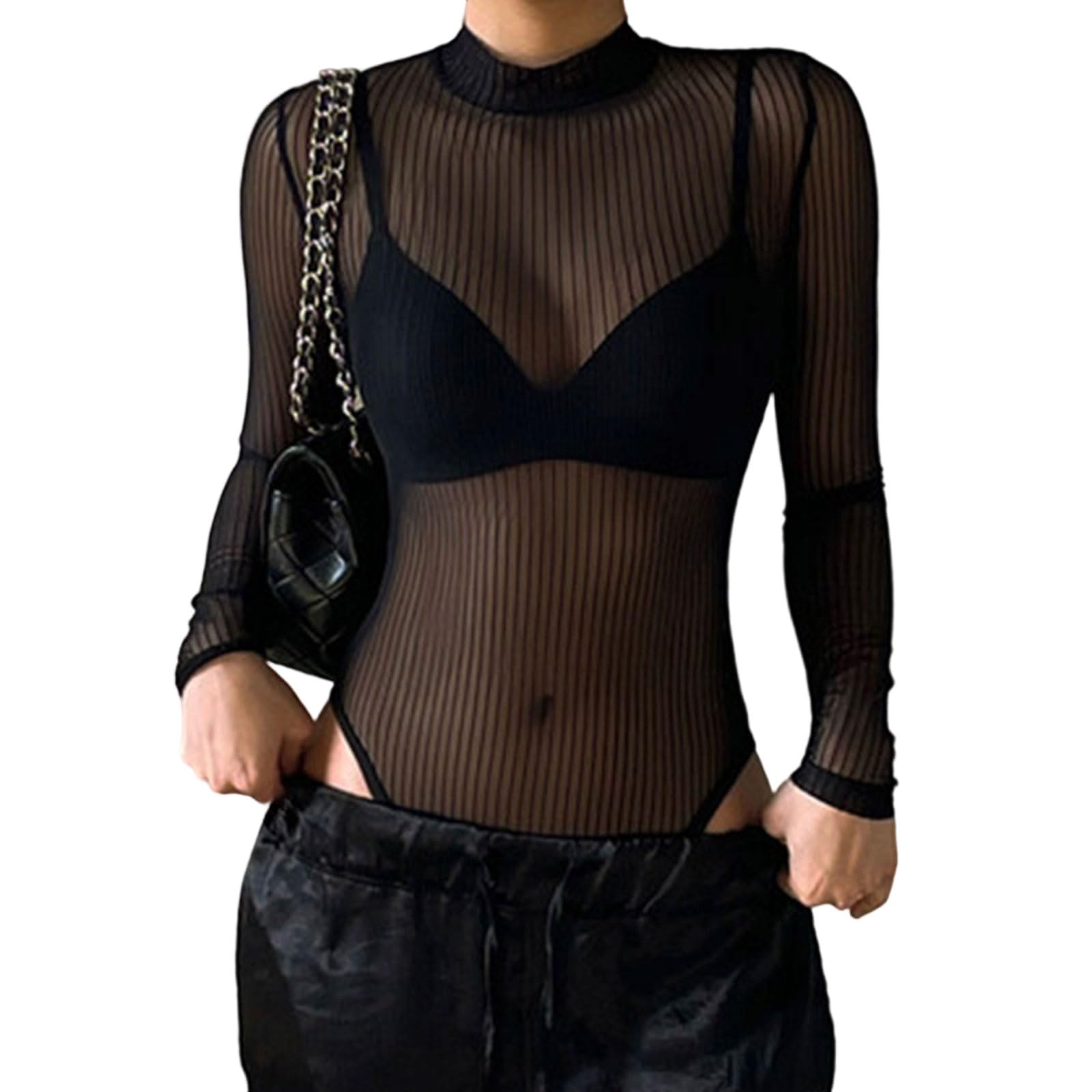 Women's Mock Neck Long Sleeve Jumpsuits Bodysuits Tops Stretchy Romper Stripes See Through Mesh Jumpsuit Leotards Gifts Stripes Sheer Mesh Bodycon Fit Stretchy Bodysuit Top Bodycon Jumpsuits