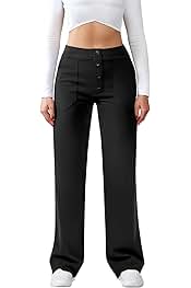 Womens Casual High Waist Straight Leg Pants Stretchy Button Business Dress Work Pocket Trousers