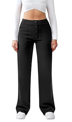 Womens Casual High Waist Straight Leg Pants Stretchy Button Business Dress Work Pocket Trousers
