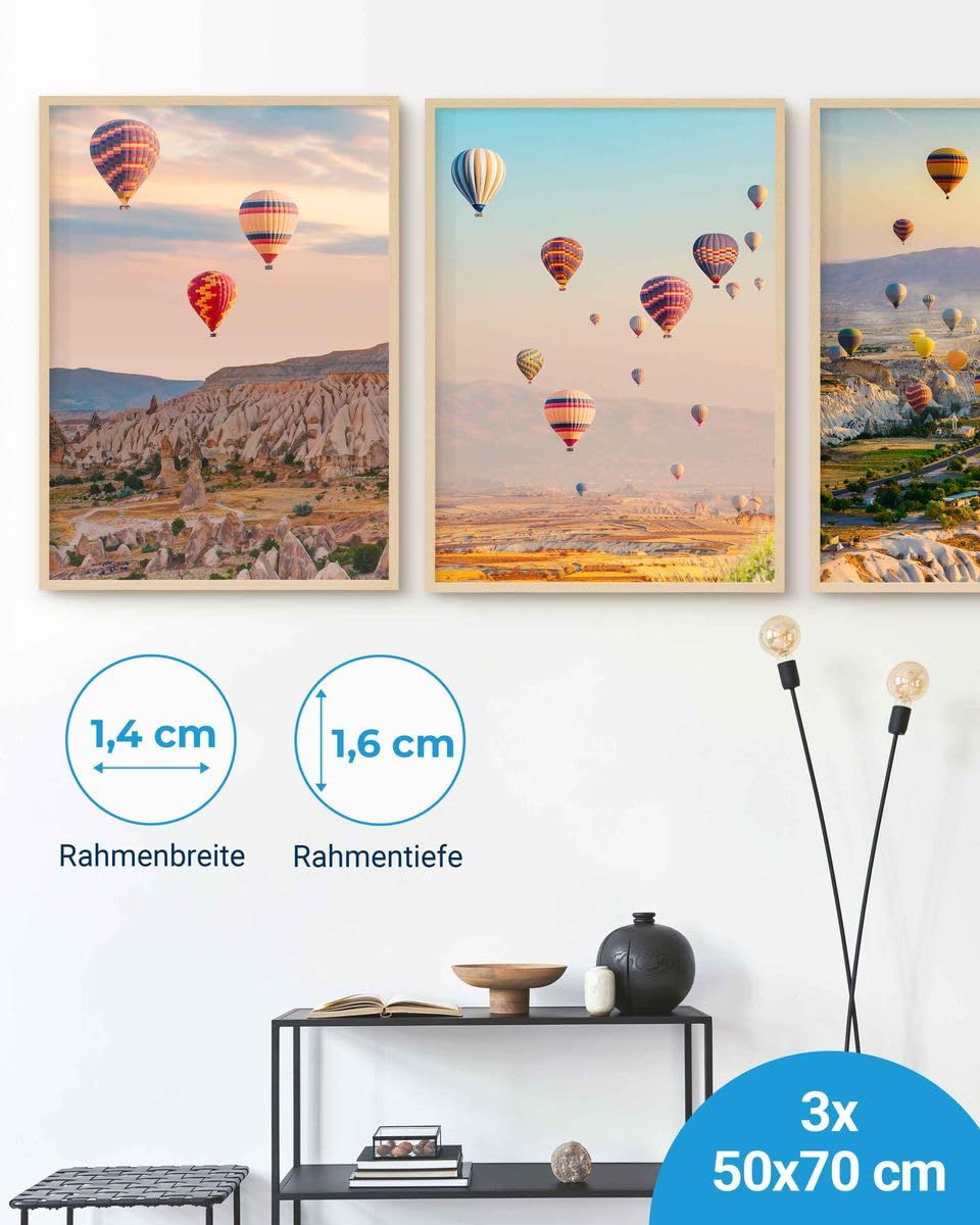 PHOTOLINI Bilderrahmen 50x70 Holz MDF Natur 3er Set, 50x70 cm Bilderrahmen groß, Rahmen 70x50 Puzzle, bruchsicheres Acrylglas, picture frame zum Aufhängen, Fotorahmen für Fotos, Puzzle & Poster
