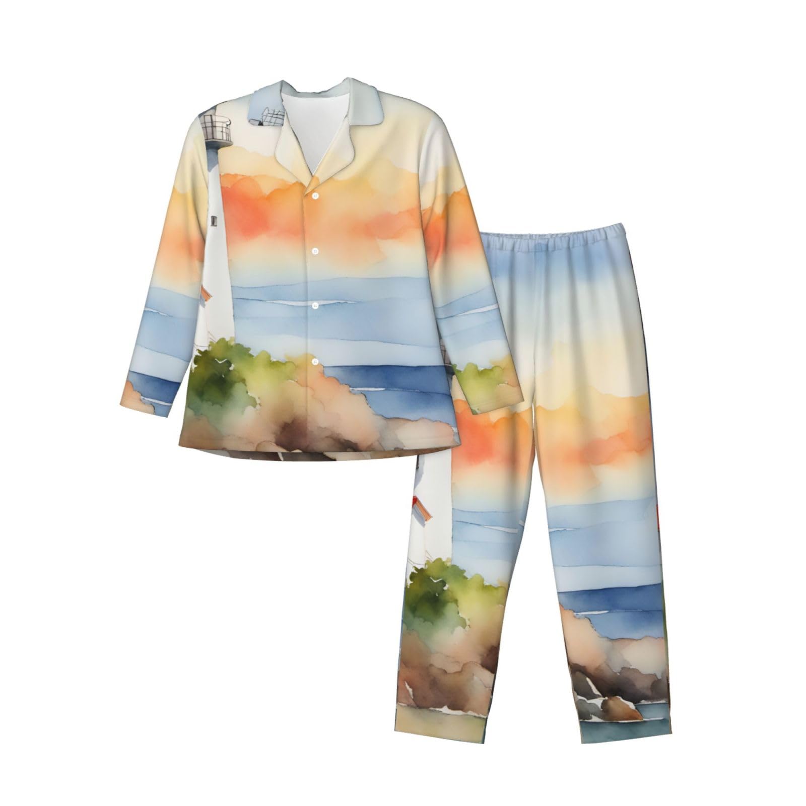 Herren-Pyjama-Set mit Leuchtturm-Aufdruck, langärmelig, zweiteilig, Hauskleidung, bequeme Nachtwäsche