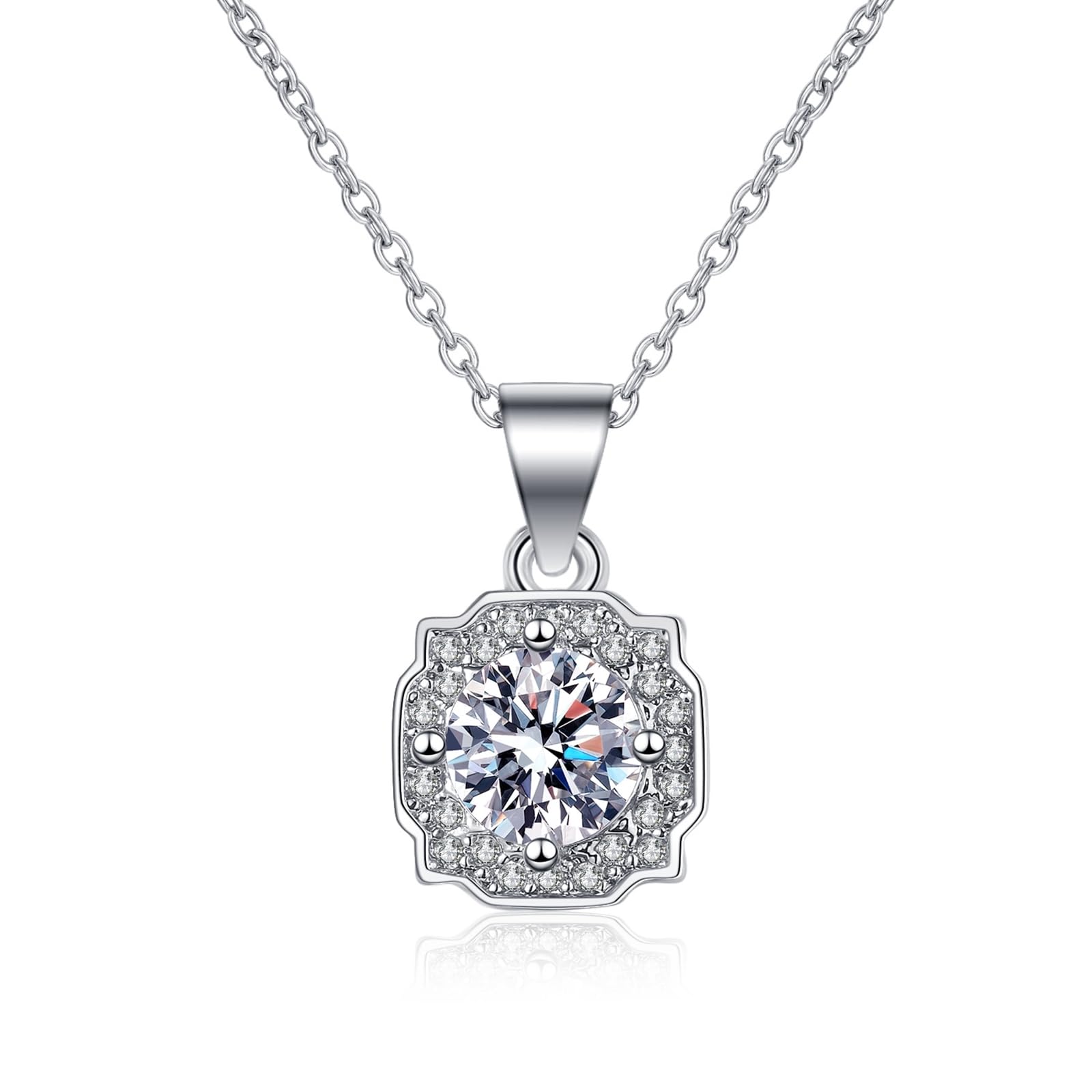 Collana Matrimonio Oro Bianco 375/585/750, Collana Ciondolo Semplice Donna con Diamante Sintetico, Catena Regolabile 40+5 cm