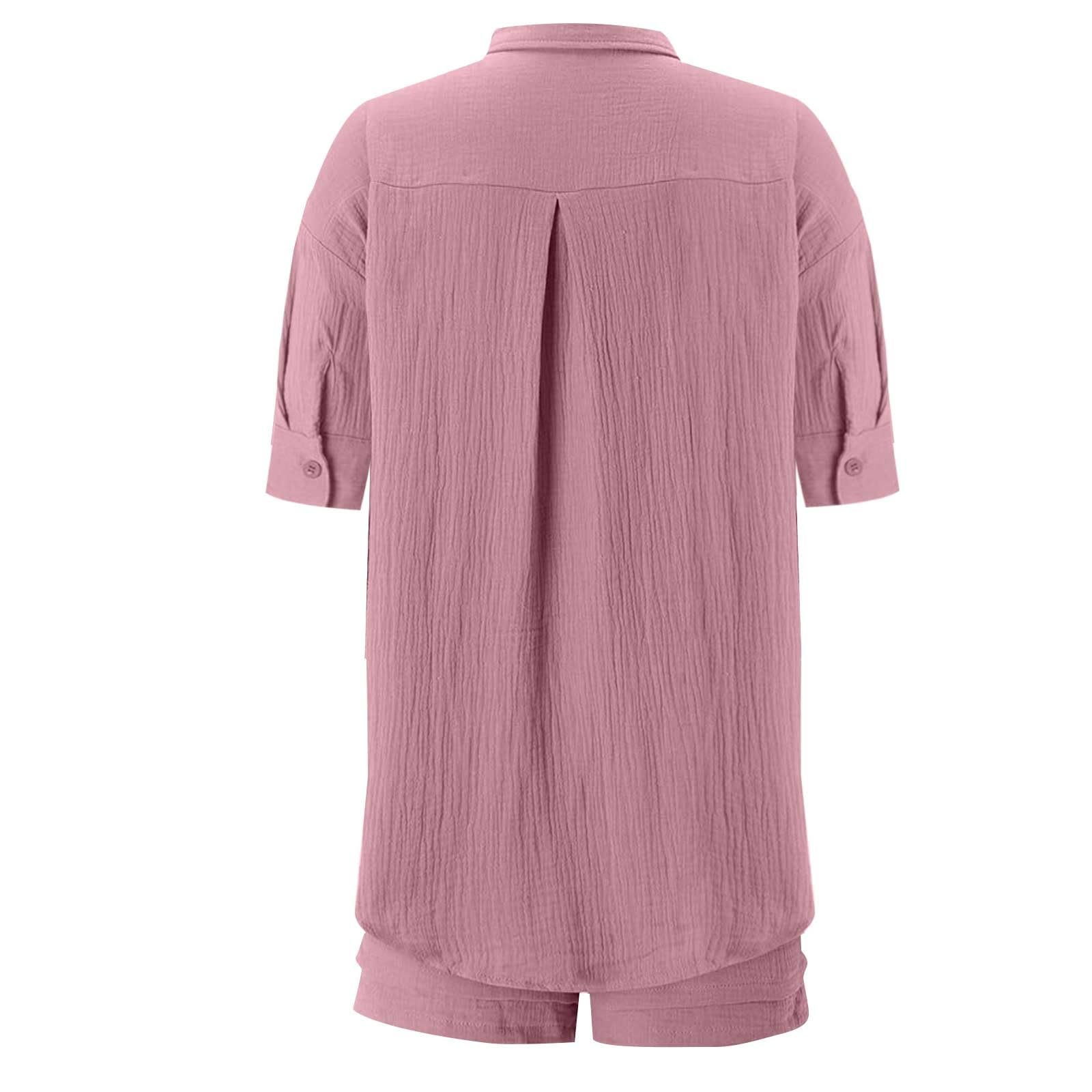 Femme Ensemble Chic et Elegant Chemise Manches Courts et Shorts 2 Pièces Survêtement Femme Tenues élégante Décontracté en Gaze de Coton Lin Ensemble été 2 pièces Loungewear
