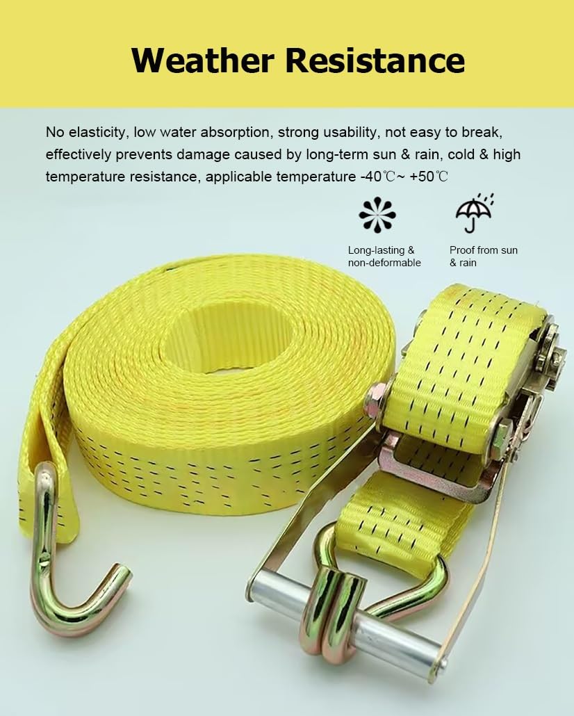Correas de Carga Amarillas de 3,3 a 65,6 pies de Largo y 2 Pulgadas de Ancho con trinquete y Ganchos Dobles en J, Correas de Amarre for Carga de hasta 13228 Libras(8.0m/26.2Ft)